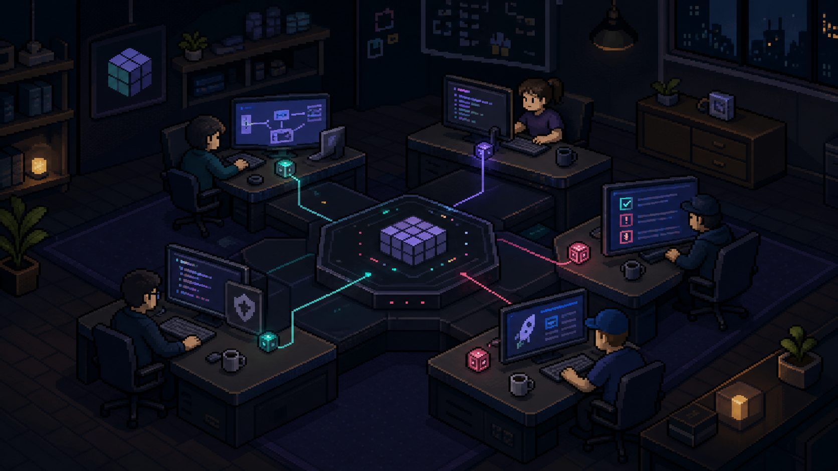 Pixel-art concept of five Ownware Studio specialists working around one shared business brief.